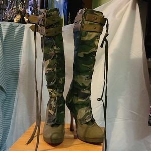 Camo print knee high heeled boots